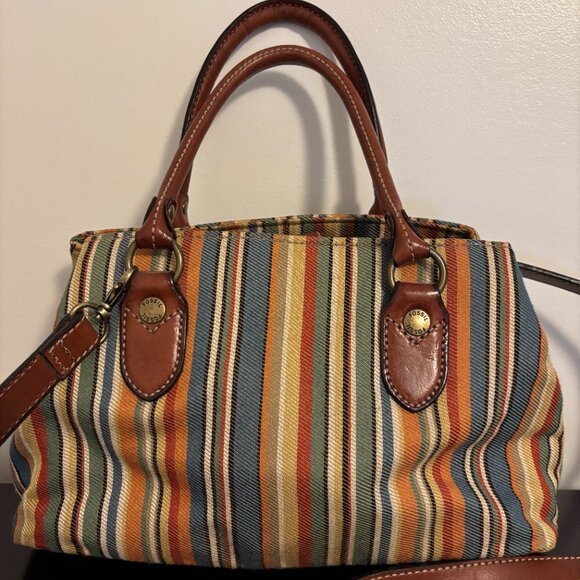 Fossil Multicolor Striped Canvas Fabric Brown Leather Crossbody - Picture 2 of 11